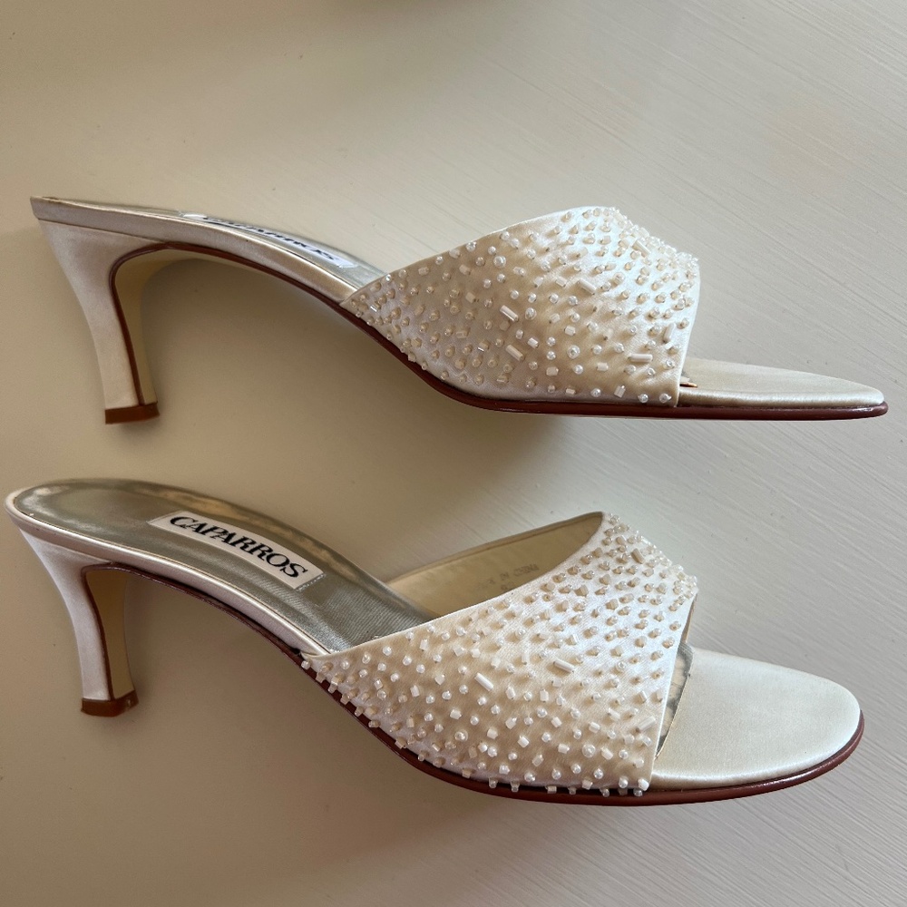Caparros  Beaded Glass & Silk Cream Slide Heels